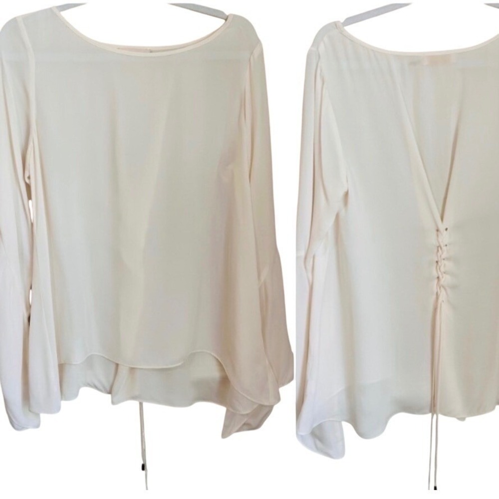 Ramy Brook Ivory 100% Silk Lace Up‎ Back Bell Sleeve Blouse Size M